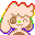 Bust portrait of Sundae drawn with Animal Crossing: New Leaf's color palette (used in pattern designs). He's smiling at the viewer with his eyes closed, silhouette outlined with the colors of the rainbow and then a white outline around that.