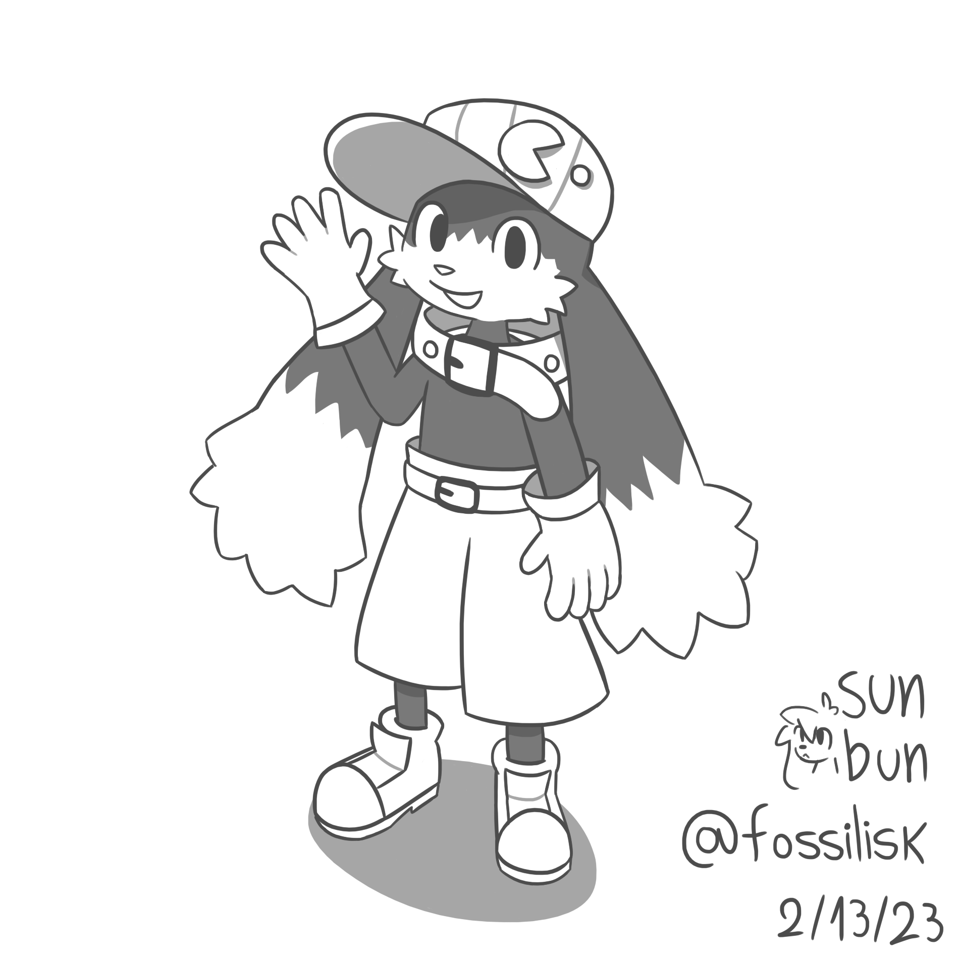 Monotone sketch of Klonoa ...from Klonoa. He's standing, looking at the viewer and waving his hand.