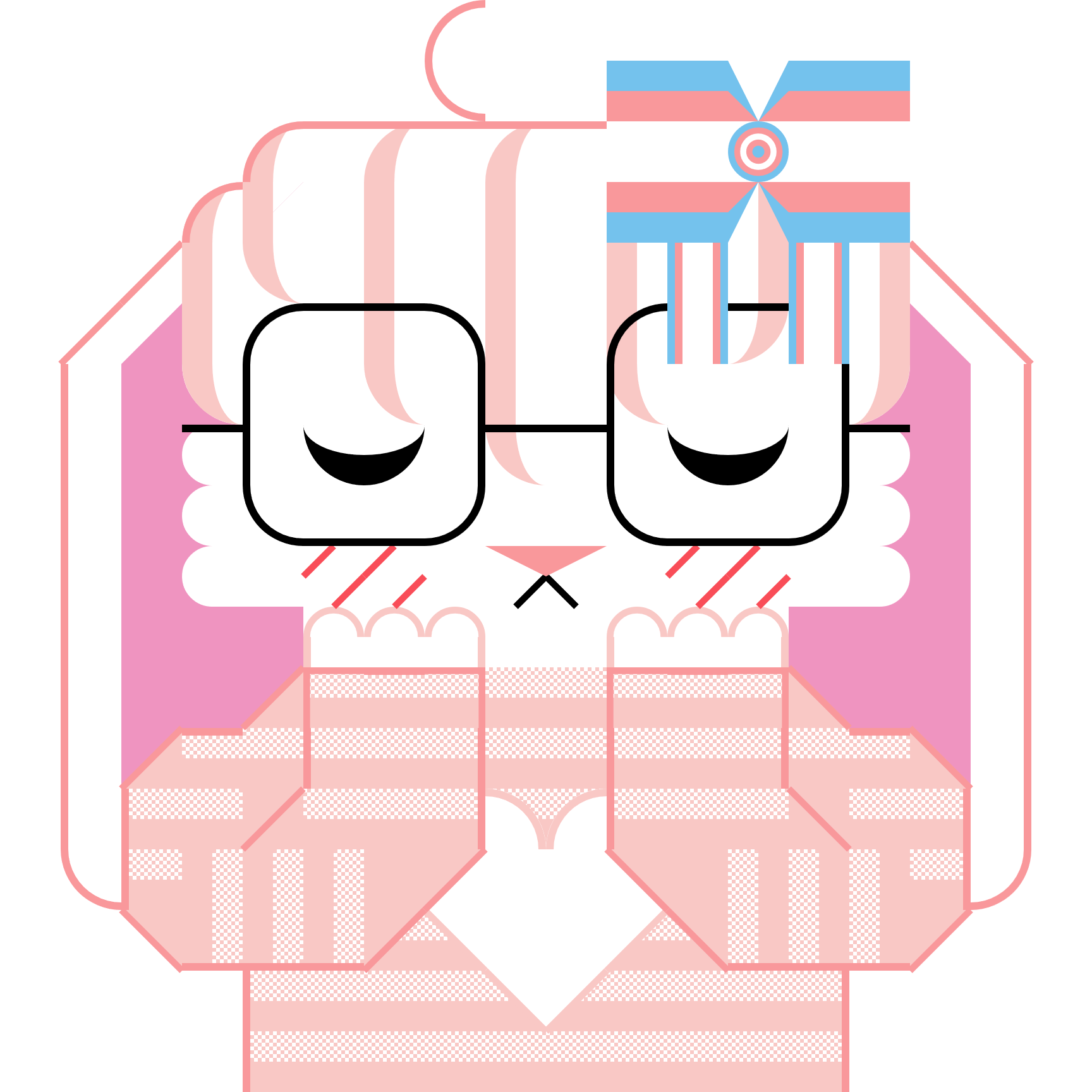 Modular vector shape artwork of a white bunny wearing a trans pride hair bow, glasses and a pink and white sweater. They're holding their paws up against their face and blushing with their eyes closed.
