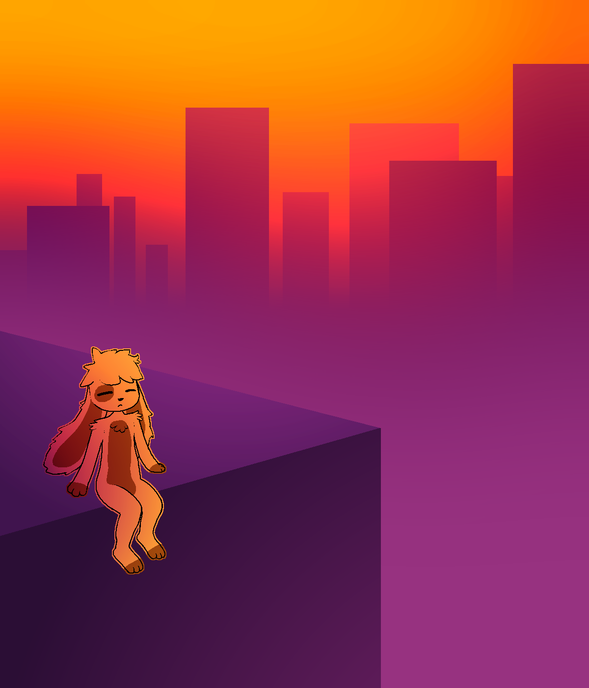 Poster artwork of Sundae sitting on the edge of a non-descript building's rooftop, with distant skyscrapers and fog looming.
