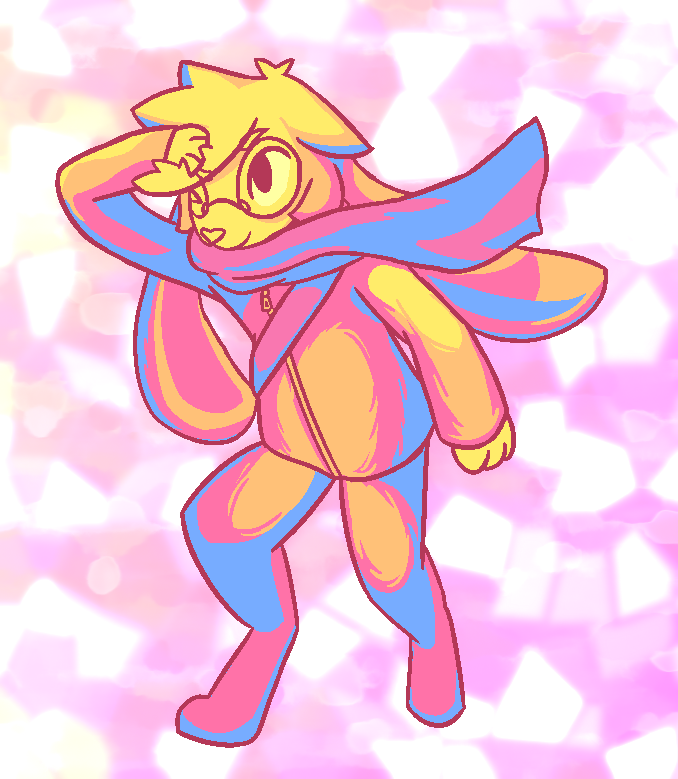 Shaded sketch of a previous artwork of Sundae which had him going on a hike; walking and covering his head from wind. The color palette is themed around the colors of the Pansexual pride flag (with an added orange tone, as yellow is used as the over-exposed light that's shining on him). He's superimposed on a pink shiny stained-glass background.