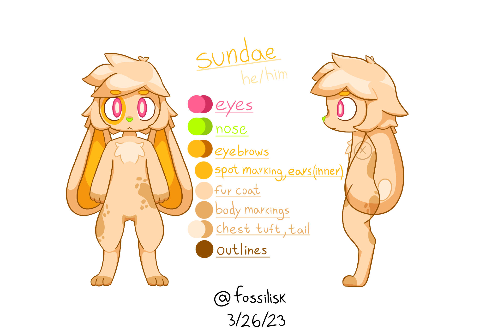 Reference/model sheet of Sundae with full-length front and side portraits and a list of colors used inbetween.