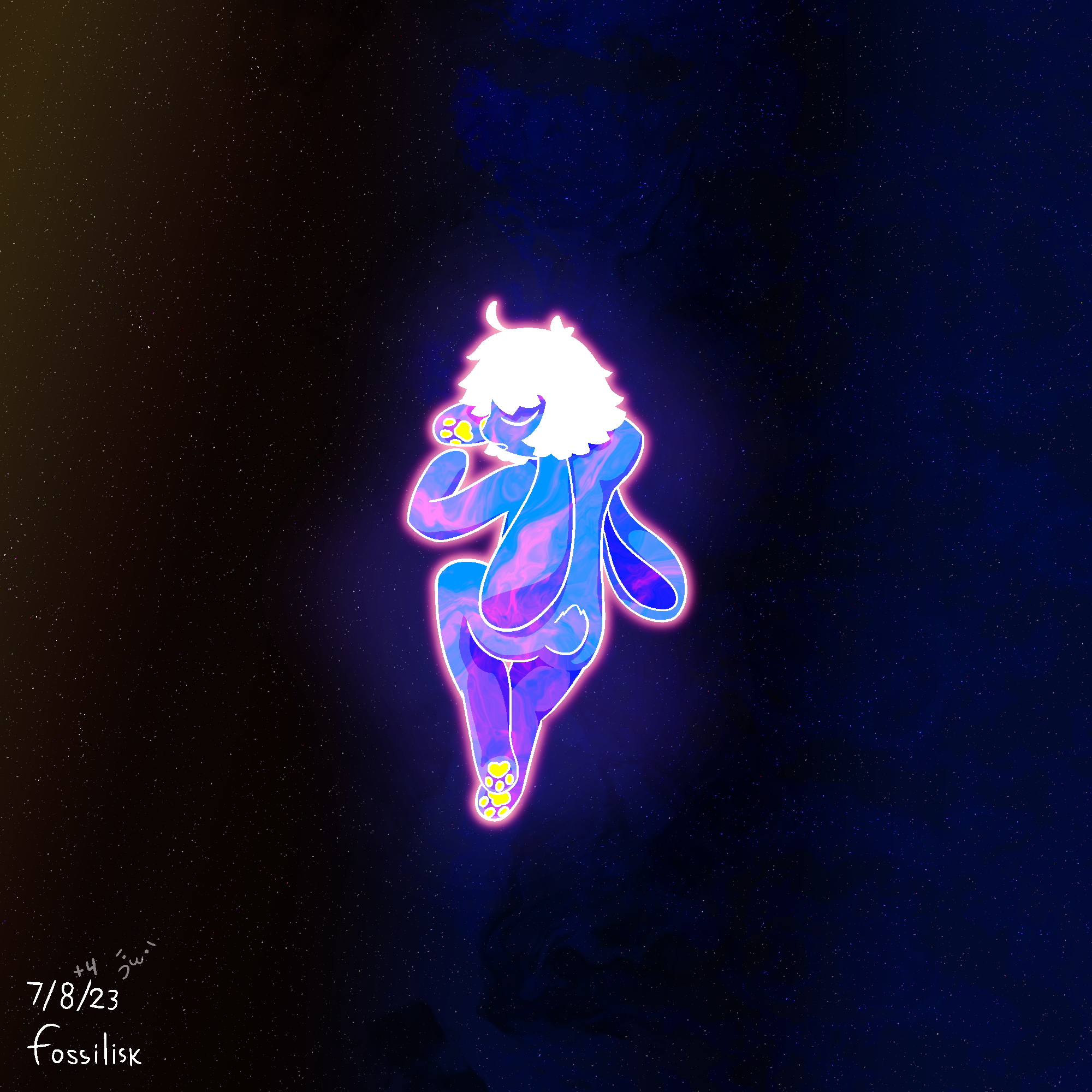 Full-length portrait of Sundae in a glowing blue and pink form with white hair, suspended in outer space; sleeping on the edge of a blue nebula on a space gas cloud that's his size	.
